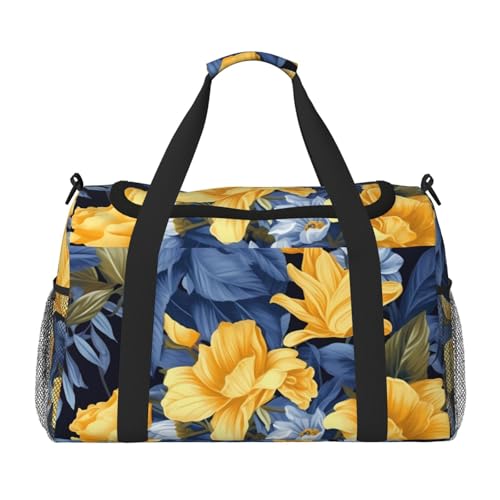 Blue Base Yellow Floral Travel Duffel Bag Lightweight Waterproof Carry On Tote Bag Foldable Weekender Overnight Bags Sport Gym Bag For Women Men
