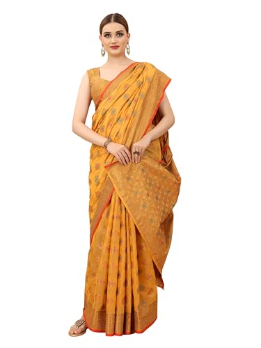 Image of SWORNOF Women's Banarasi Patola Silk Blend Saree with Blouse Piece (Orange)