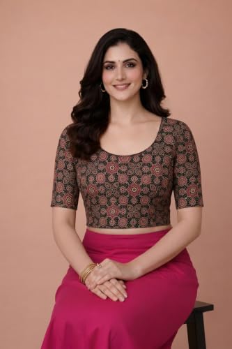 Image of Amazon Brand - Anarva Women's Kalamkari Print Cotton Stretchable Round Neck Readymade Saree Blouse