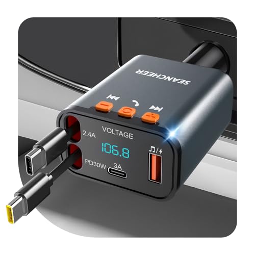 SEANCHEER Transmetteur FM Bluetooth Voiture & Allume Cigare USB C, 69W Chargeur Voiture avec 2 Câbles Rétractables, Lecteur MP3 Bluetooth 5.3, Téléphone Kit Main Libre, Adaptateur Radio pour Autoradio