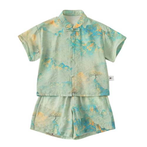 Image of Irsutey Toddler Baby Boys Girls Hanfu Tang Chinese Style Outfit Two Pieces Tie-Dye Green Short Sleeve Top and Short Pants (Green,120/3-4 Y)