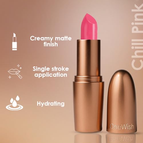 Image of One Wish Creamy Matte Lipstick Long Lasting for Women - Chill Pink Shade 16 | Full Coverage | Creamy Formula | No Flaky Lips | No Dryness | Vitamin E, Almond Oil & Shea Butter for Moisturising Lip | 8 Hrs Lasting | Smooth Finish | 3.8 gm