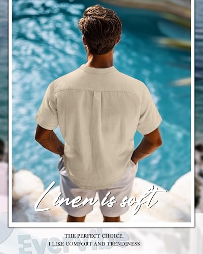 2 Pack Men's Short Sleeve Linen Shirts, Button Down Cotton Beach Vacation Casual Summer Tees3