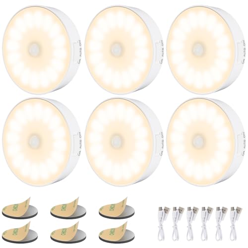 Electight 人感センサーライト 室内 6個セット 3つの照明モード 14LED アップグレード版ナイトライト 高輝度 USB充電式 コードレス磁気 フットライト廊下 寝室 階段 - ウォームホワイト