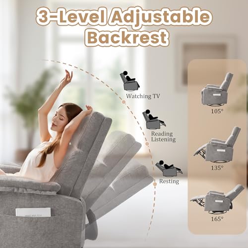 Image of Korser Swivel Rocking Recliner with Massage, Small Glider Chair for Nursery, Modern-Designed Armrests Chair for Adults Living Room, Chenille, Grey