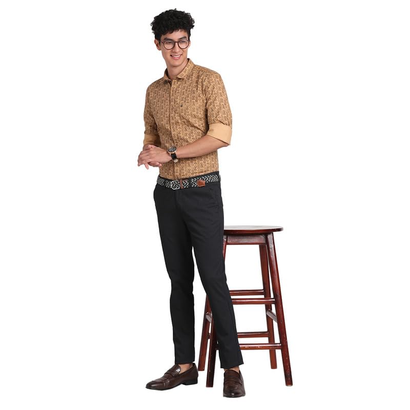 Image of Turtle Men Cotton Stretch Black Printed Narrow Fit Flat Front Casual Trouser