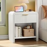 Decofy Fluted Nightstand with Charging Station, Modern Bedroom Side Table with Gold Handles, Curved Profile Design, End Table Wood Organizer for Bedroom, Open Shelf & 1 Drawers (1 Pack, Pure White)