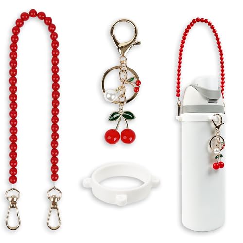 Handle Strap and Cherry Charm Set for Owala Water Bottle 24 oz, 32 oz, 40 oz, Owala Kids, Owala Coffee Tumbler, Owala FreeSip, for Owala Accessories & Stanley Cup Accessories (Beaded Red)