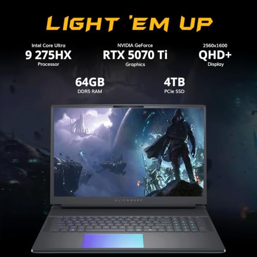 Image of Dell Alienware 18 18 inch WQXGA 300Hz Gaming Laptop, Intel Core Ultra 9 275HX, GeForce RTX 5070 Ti, 64GB RAM, 5TB Storage (4TB SSD+1TB Docking Station), Backlit Keyboard, Wi-Fi 7, Win 11 Pro, Black Teal