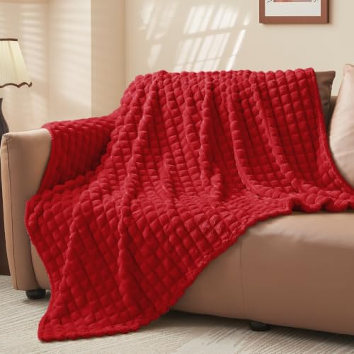 Image of BEDELITE 3D Checked Red Fleece Throw Blanket for Couch, 50x60 Inches