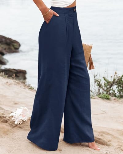 Women's Casual Wide Leg Pants Loose High Waist Button Trousers with Pocket 2025 Travel Vacation Outfits for Women2