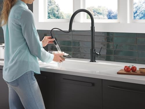 Image of Delta Trinsic Pro Style Commercial Kitchen Faucet with Pull Down Sprayer, Single Hole Matte Black Kitchen Sink Faucet, Single Handle, Matte Black 9659-BL-DST