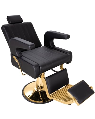 IJIALIFE Reclining Barber Chair 450 lb Capacity, Hydraulic Salon Chair with Adjustable Headrest & 360° Swivel, Heavy Duty Styling Chair for Barbershop, Hair Salon, Spa & Home (Black & Gold)