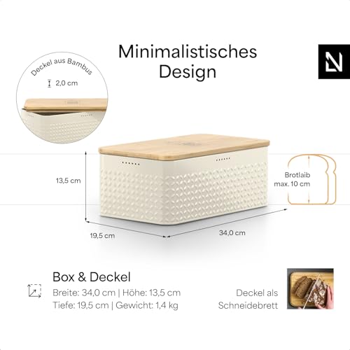 Foto von LARS NYSØM Brotkasten I Brotbox aus Metall mit Brotsack aus Leinen für langanhaltende Frische I Brotdose mit hochwertigem Bambusdeckel verwendbar als Schneidebrett I 34x18,5x13,5cm (Pure White)
