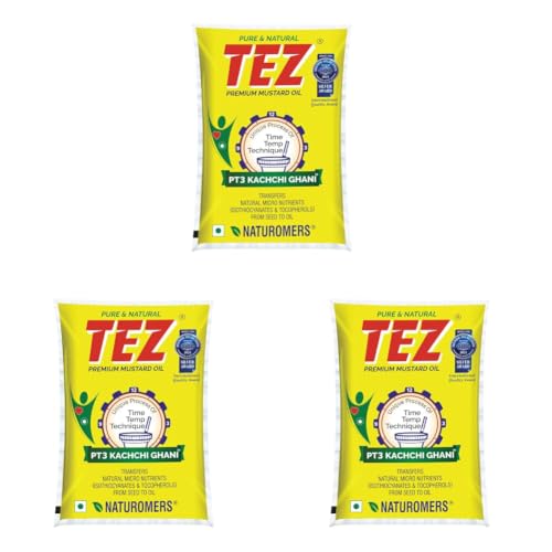 Image of Tez Mustard Oil for Cooking 1L Pouch | PT3 Kachchi Ghani Sarson Ka Tel | 100% Pure & Natural Oil | Promotes Gut Health with Antibacterial & Antifungal Benefits | Supports Good Health (Pack of 3)