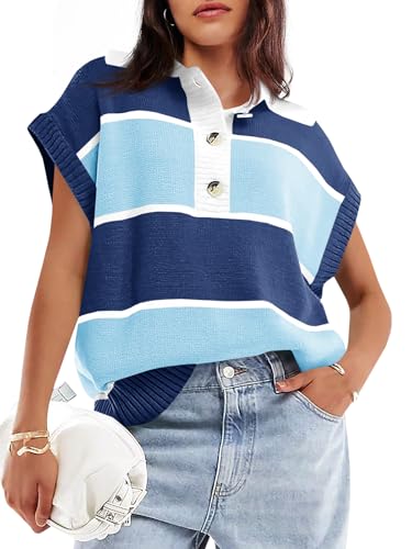 Image of Saodimallsu Women's V Neck Button Down Striped Short Sleeve Knit Sweater