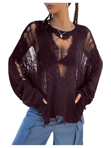 Image of Verdusa Women's Hollow Out Crochet Sweaters Top Long Sleeve Ripped Knit Top Gothic Clothes Concert Outfits Fall Clothes