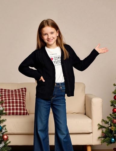Image of Girls' Cardigan Sweater Long Sleeve Button Down Knit Sweater with Pockets School Uniform Outerwear 4-13 Years