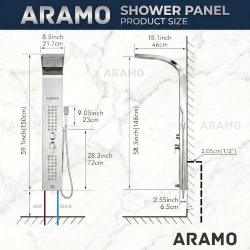 Image of ARAMO Shower Panel - Wave with Waterfall Shower, Massage Jet, 5 Water Functions (Chrome)