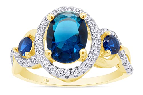 SAVEARTH DIAMONDS Three Stone, Oval Cut 8x6MM Center, Round Cut Simulated Blue Sapphire And White Cubic Zirconia Infinity Oval Halo Engagement Ring In 14k Gold Over Sterling Silver