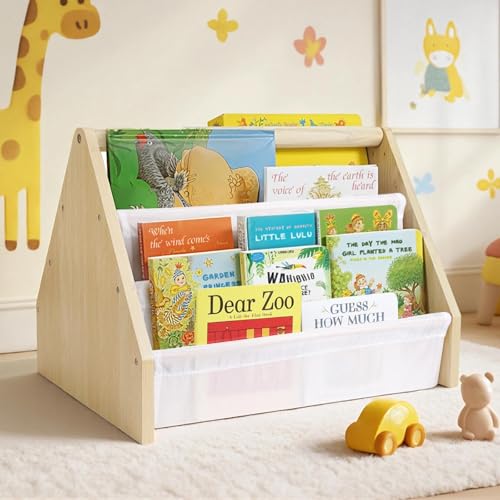 Image of Epelay 19" Toddler Bookshelf, 6-Tier Double-Sided Kids Bookshelf, Montessori Bookcase for Toddlers with Deep Fabric Pockets, Natural Wooden Toy Storage Organizer for Nursery or Playroom
