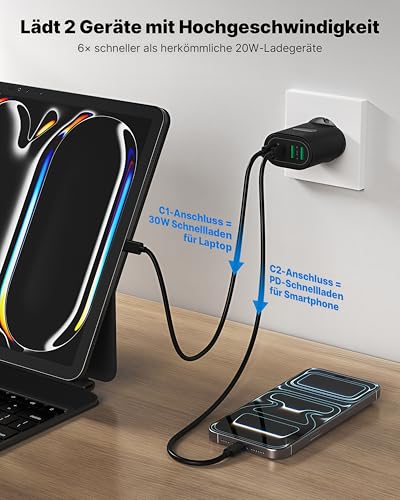 USB C Ladegerät, 4-Port 60W Schnellladegerät (2× USB-C + 2× USB-A), V0-Brandschutz Mehrfachstecker Netzteil USB für iPhone 16/15/14 Pro Max… – Ansicht 2