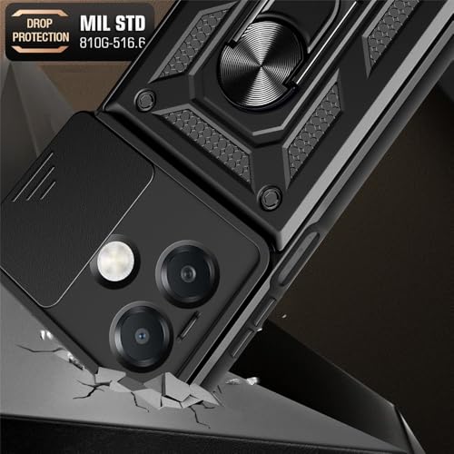 Image of Heavy Duty Back Case Cover for Oppo A3X 5G, Shockproof Oppo A3X Back Cover, Ring Case with Kickstand and Camera Protection Shutter - Black