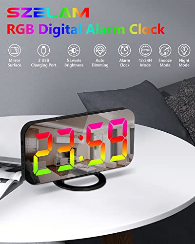 Szelam Led Rgb Digital Alarm Clock,With 11 Color Modes Display,Mirror Surface,Dual Usb Charger Ports,Modern Desk Clocks For Bedroom Home Office Decor- Black #TOP1