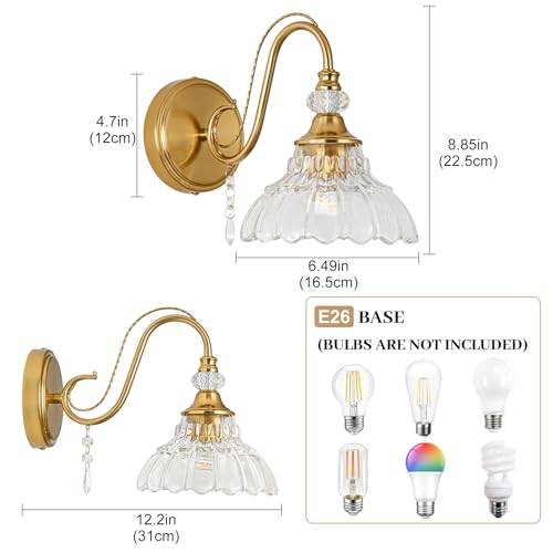 Image of 1 Piece Vintage Wall Sconce, 1-Light Brushed Gold Finish Wall Sconce with Hanging Crystal Accents and Flower-Shaped Clear Shades for Bathroom Bedroom Living Room,Vintage Vanity Light