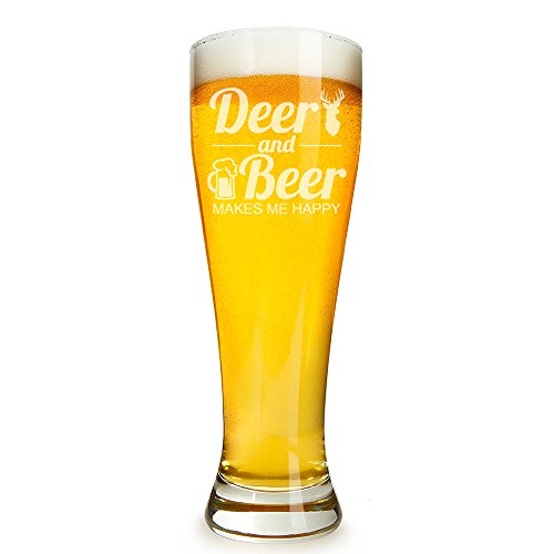 Deer and Beer Makes Me Happy Engraved 16 ounce Beer Glass Pilsner
