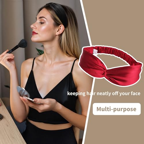 Image of ZLYC Mulberry Silk Headband for Women's Hair, Solid Burgundy | smooth luxury real silk, stretch elastic no slip fit, makeup spa skincare use, travel daily wear,boho fashion hair accessory