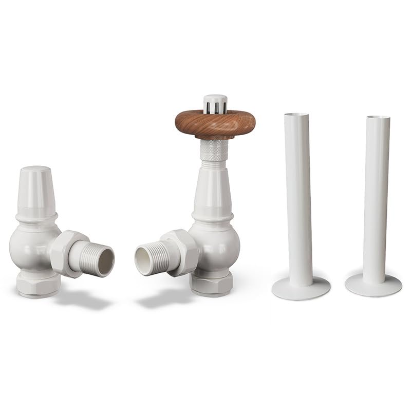UK Radiators White Thermostatic Radiator Valves and Angled Lockshield Valve - Gloss White Finish - Traditional Design 1/2" x 15mm Angled Radiator Valves with 130mm Pipe Sleeves