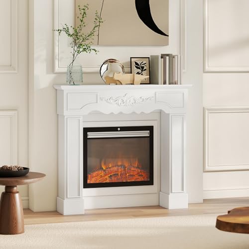 Image of HOMCOM Baroque Fireplace Mantel, Freestanding Fireplace Surround with Leg for Electric Fireplaces, 43.3 inch W x 39.8 inch H, White