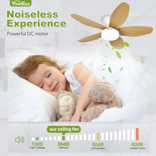 Image of Ceiling Fans with Lights - 35 Inch Small Low Profile Ceiling Fan and Remote,Flush Mount Ceiling Fan with 5 Reversible Blades 6 Wind Speeds, White&Wood Modern Ceiling Fans for Bedroom Kitchen