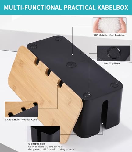 Azyvum 3 Stück Kabelmanagementbox,kabelbox, Aufbewahrungsbox für Kabel mit Bambusdeckel,Aufbewahrungsbox aus Draht zum Verstecken von Kabeln Organisieren Sie die Computerverkabelung,lose Drähte
