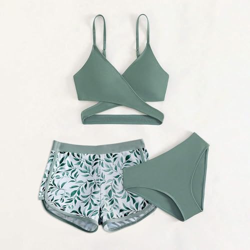 Teen Swimsuits for Girls Solid Color Crossover Bikini Sets with Shorts 3 Piece Bathing Suit Summer Beach Swimwear2