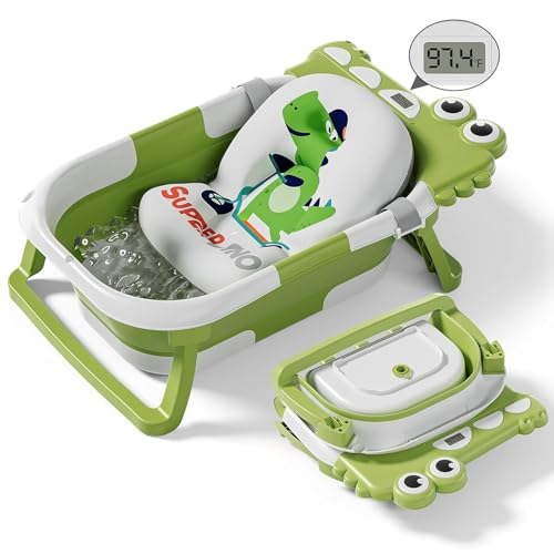 Image of Collapsible Baby Bathtub for Newborn, Foldable Baby Bath Tub with Thermometer & Soft Floating Cushion & Drain Hole, Portable Travel Infant Bath Tubs for Newborns to Toddler 0-36 Months Girl, Green