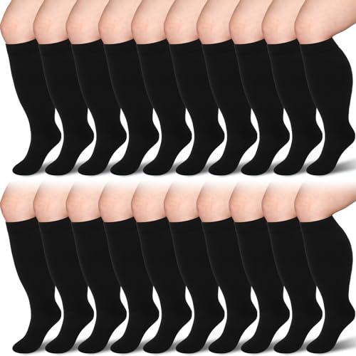 Suhine 10 Pairs 5XL Plus Size Compression Socks Wide Calf Support Socks for Women 20-30 mmHg Compression Stockings for Women Men, Black