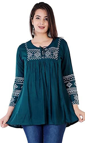 Image of Shiva Fab Short Kurti for Women | Embroidered Straight Rayon Kurta | Round Neck Full Sleeves Short Kurti for Women's