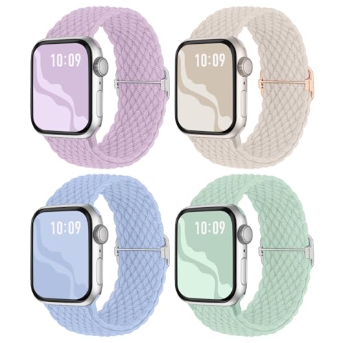 Image of 4 Pack Braided Stretchy Bands Compatible with Apple Watch 40mm 41mm 38mm 42mm 44mm 45mm 46mm 49mm Women Men, Breathable Nylon Elastic Daily Use Straps for iWatch Series 11 /10 9 8 7 6 5 4 3 SE /Ultra 2