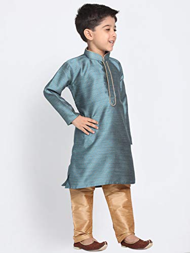 Image of VASTRAMAY Boys' Azure and Rose Gold Silk Blend Kurta Pyjama Set with Cap-VASBK047AQnPRGnC 14