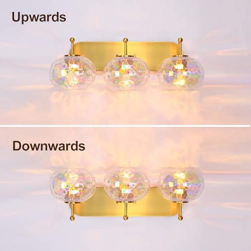 Image of 23 inch Brushed Gold Vanity Light Stained Hammered Glass Wall Sconce 3-Light Brass Wall Lamp for Hallway Living Room Stairwell Bathroom Over Mirror (Brass Gold, 3-Light)