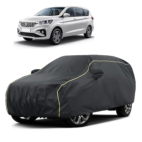 Image of Sulfar 100% Water Resistant Car Body Cover Compatible with Mirror for Maruti Suzuki Ertiga (Triple Stitched, Full Bottom Elastic, Dark Grey Taffeta with Yellow Piping)