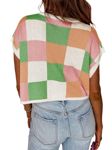 Image of Saodimallsu Womens Cap Sleeve Crop Tops Summer Color Block Going Out Crew Neck Knit Trendy Casual Sweater