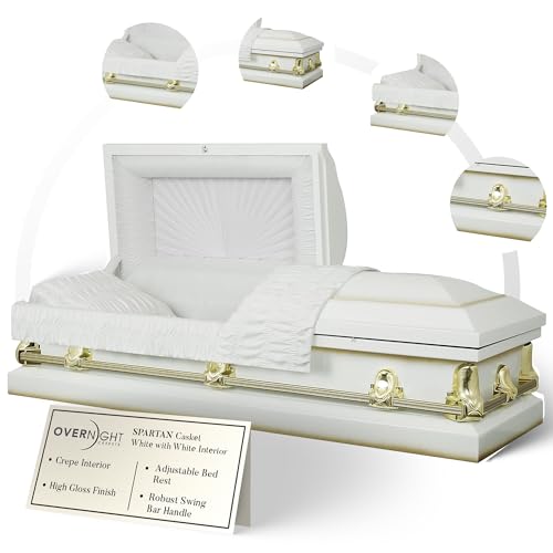 Overnight Caskets Spartan Collection Funeral Casket White with White Interior - 20 Gauge Steel - Fully Appointed Adult Casket - Coffin Featuring a Crepe Interior Lining with Pillow and Throw Set