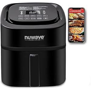 Nuwave Brio 8-Qt Air Fryer, Powerful 1800W, Easy-to-Read Cool White Display, 50°-400°F Temp Controls, 100 Pre-Programmed Presets & 50 Memory Slots, Integrated Smart Thermometer, Linear T Technology
