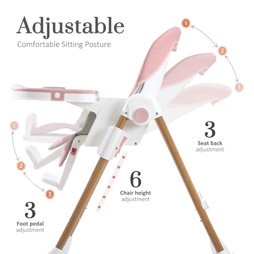 Image of Mallify Foldable High Chairs for Babies and Toddlers, 3-in-1 Convertible Baby High Chair with Removable Soft Cushion and Tray, Adjustable Height & Recline, Lockable Wheels, Pink