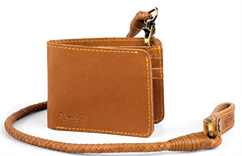 Trip Machine Company Bifold Motorcycle/Biker Genuine Leather Wallet with Braided Chain - Vintage Tan 