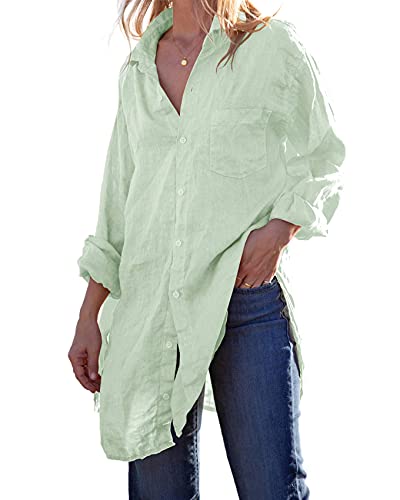 runcati womens button down shirts linen cotton long sleeve blouse tunic tops cover up shirt loose beach bikini dress