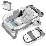 WGIDSKKI Baby Badewanne, Faltbare Babybadewanne mit Rutschfestem Badekissen, mit Integriertem Thermometer, Ergonomischer Babywanne, für Neugeborene von 0-36 Monaten (Grau)